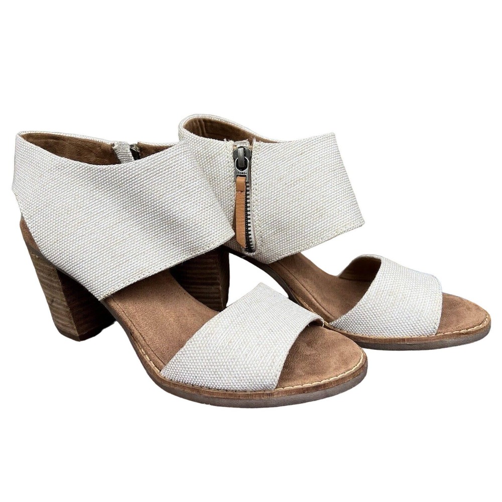 TOMS Majorca Cutout Sandal Size 6.5 Natural Cream Block Heel Ankle Cuff Side Zip